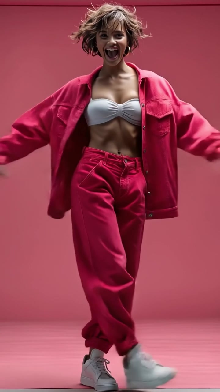 Wanita tersenyum mengenakan jaket denim merah muda dan celana yang serasi dengan atasan crop putih.