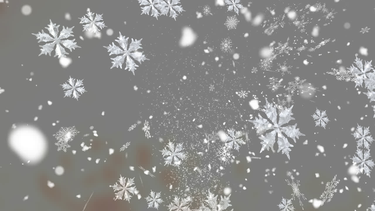 animación digital de múltiples iconos de copos de nieve que caen contra un fondo gris
