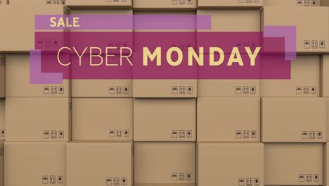 animation of cyber monday text over stack of cardboard boxes in warehouse