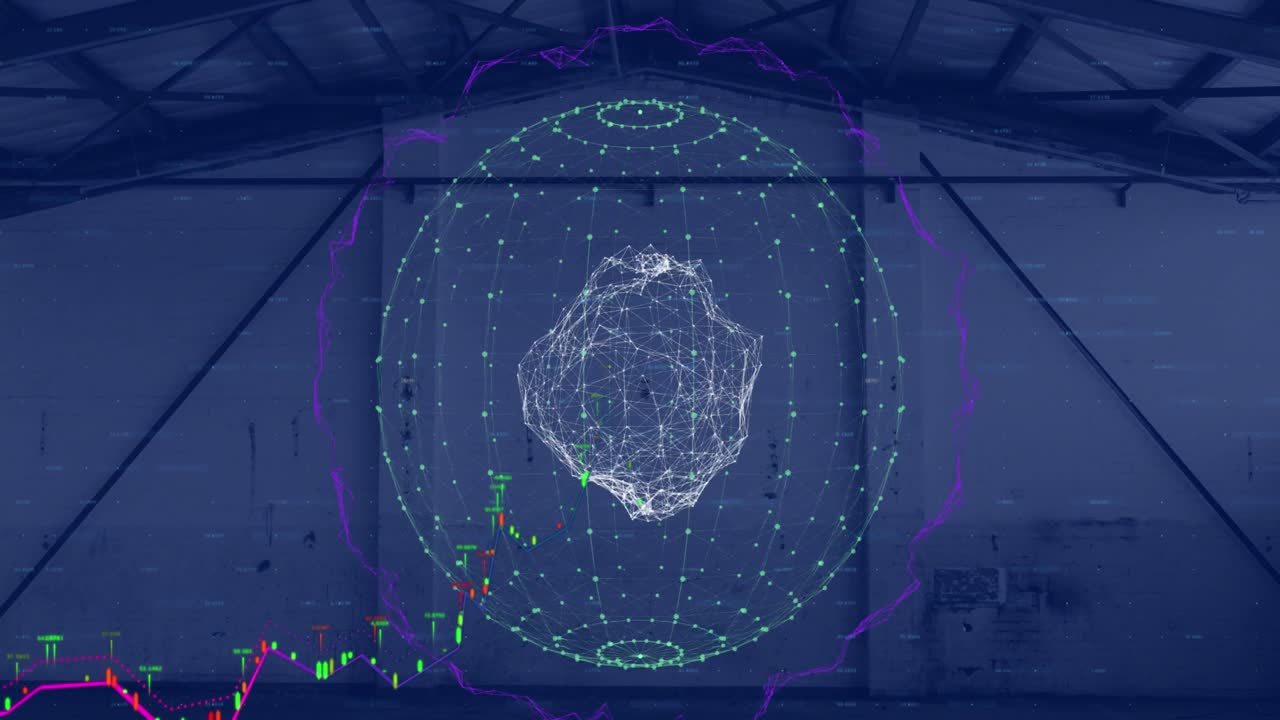 Animation af en roterende globus med netværk af forbindelser over et tomt lager
