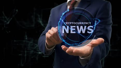 businessman shows concept hologram cryptocurrency news on his hand