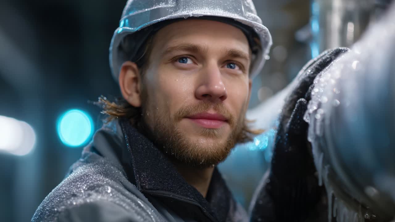 Fokusert arbeider kledd i verneutstyr som står nær metallrør, utstråler selvtillit og besluttsomhet i et industrielt miljø med glitrende frost- eller isavleiringer på overflaten