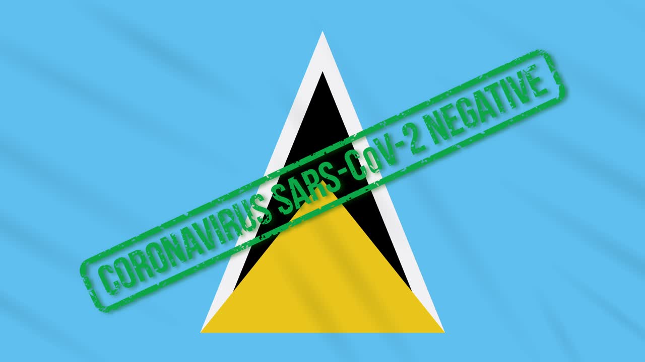 세인트루시아는 코로나 바이러스로부터의 자유의 녹색 스프를 가진 발을 흔들고 있습니다.