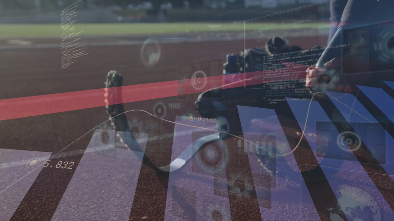 경주 트랙에서 달리기 블레이드를 가진 장애인 남성 운동 선수 위에 화살표를 가진 통계의 애니메이션