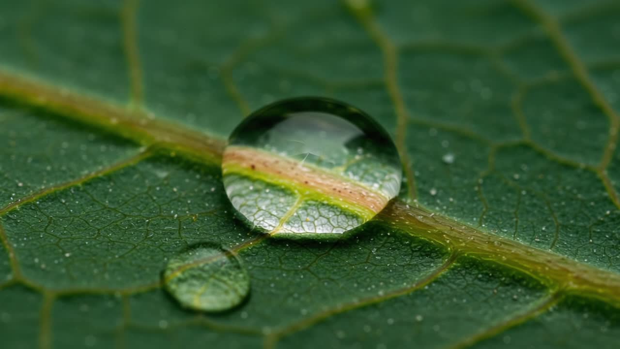 Macro Photography of Water Droplets on Leaf Surface Showcasing Nature's Beauty and Intricate Leaf Patterns Capturing the Essence of Natural Environment