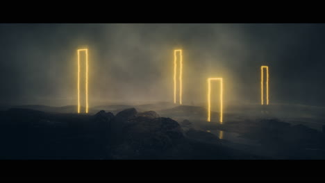 rocky landscape with huge yellow light portal structures