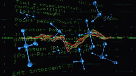 Animation of molecular structures floating over data processing against black background