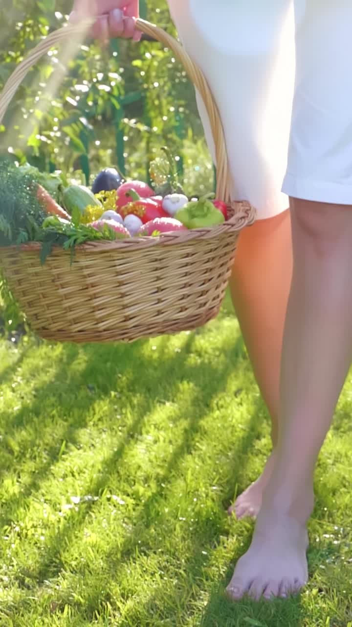 Woman carrying a basket of fresh vegetables in a garden