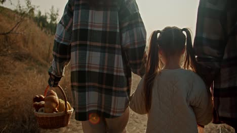 vista trasera de una niña pequeña con un peinado de cola de caballo en una chaqueta blanca camina de la mano con su madre, una niña en una camisa a cuadros, y su padre, un hombre con el cabello gris en una camiseta a cuadrados, que lleva cosas para un picnic mientras caminan por la carretera con hierba seca