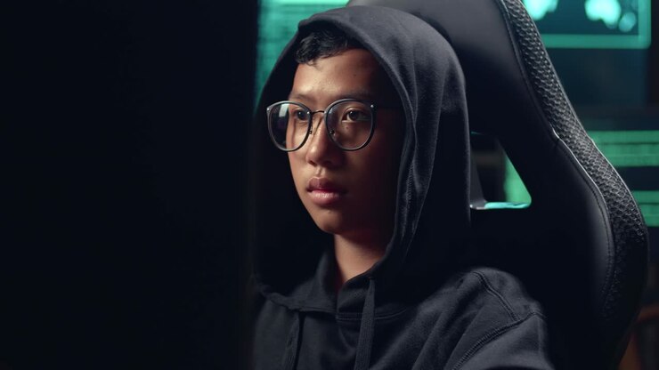 Ragazzo hacker asiatico che hackera il computer e ha un'espressione delusa