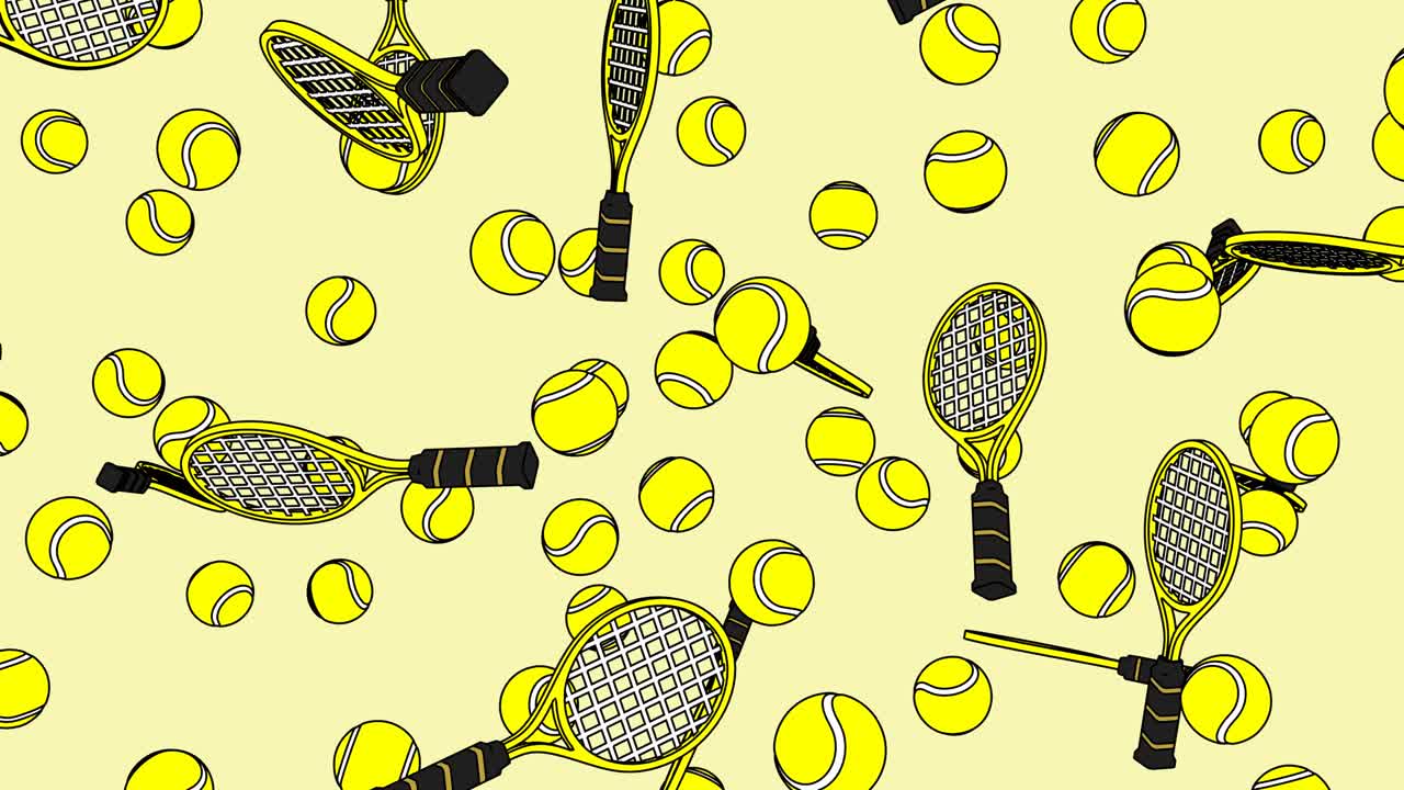 노란색 배경에 노란색 테니스 공과 테니스 래켓을 그렸습니다.