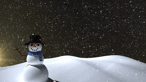 animation of falling snow over snowman and winter scenery