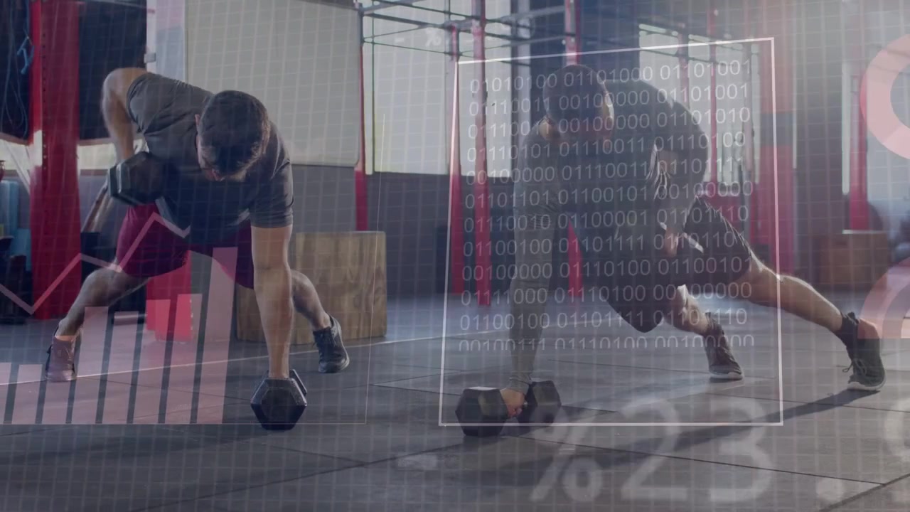 Two men starting plank with hex dumbbells, alternating pushups and rows, HUD tracking fitness reps