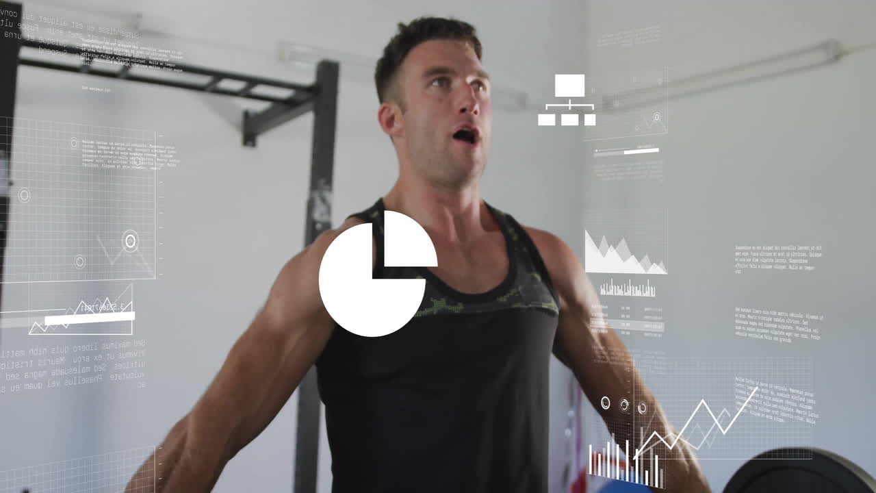 다이어그램의 애니메이션과 데이터 처리가 카우카스 강인자가 무게 바를 들어 올리는 것