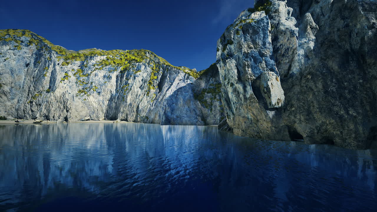 Vibrant blue waters reflecting towering cliffs on a sunny day