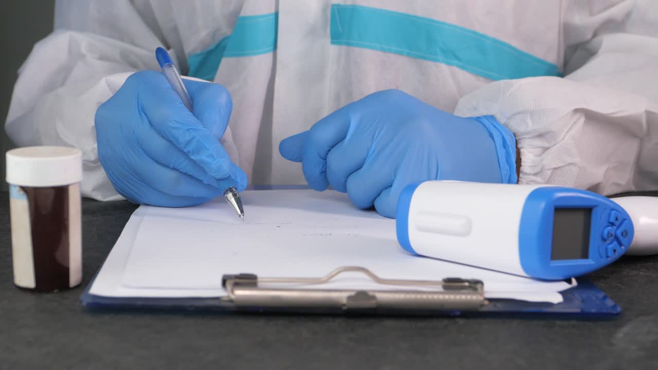 profesional médico en ppe tomando notas