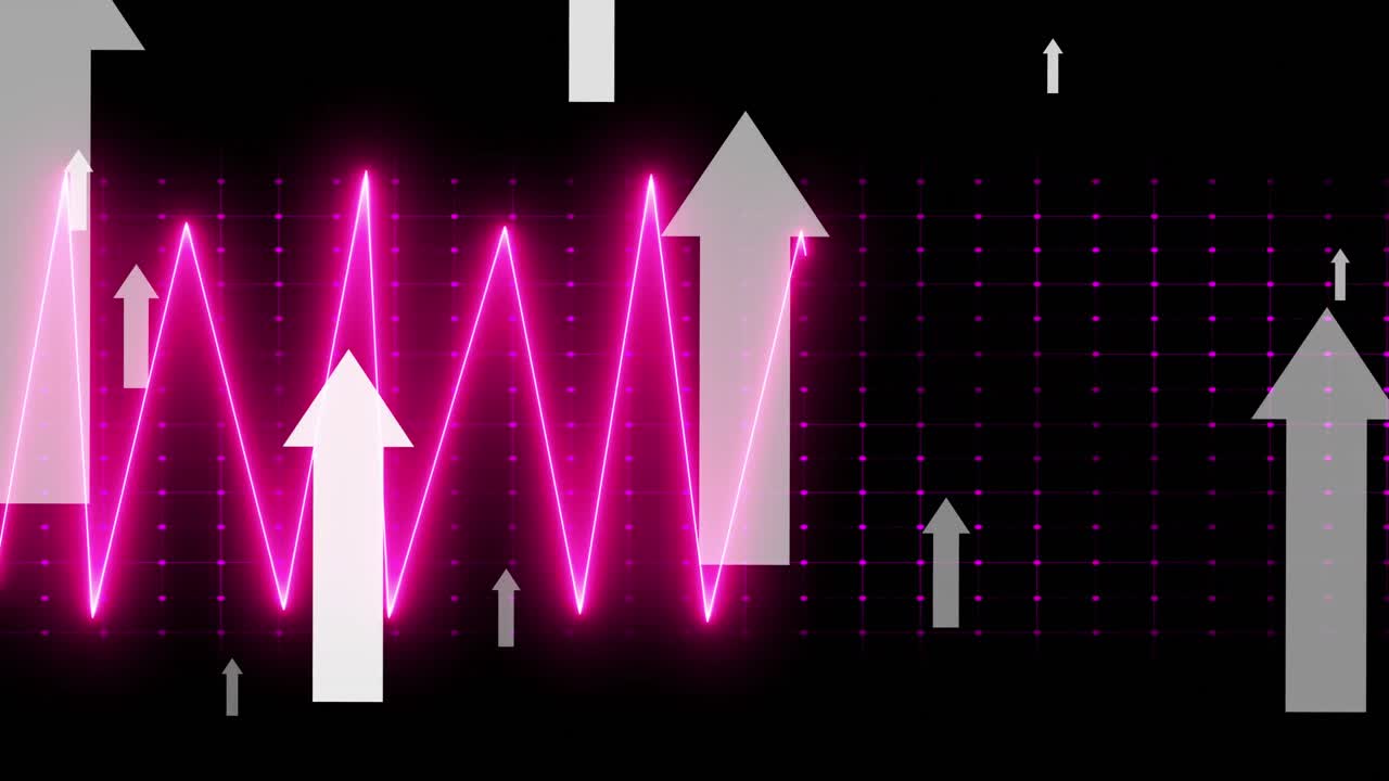 animación de flechas blancas y procesamiento de datos sobre fondo negro.