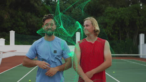 two athletic men standing on tennis court, showcasing sports technology with green particle overlay