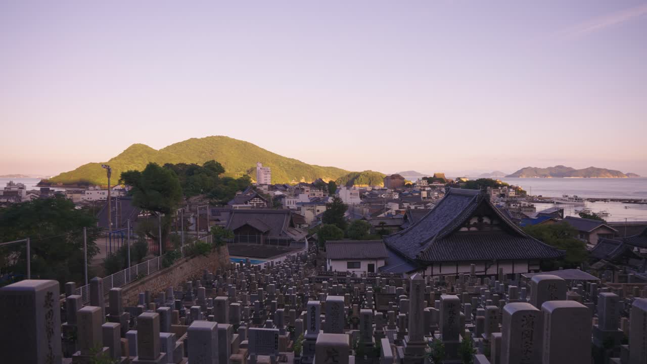 Tomonoura Town at Sunset, Pan over Temple and Graveyard in Hiroshima Prefecture