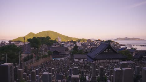 Tomonoura Town at Sunset, Pan over Temple and Graveyard in Hiroshima Prefecture