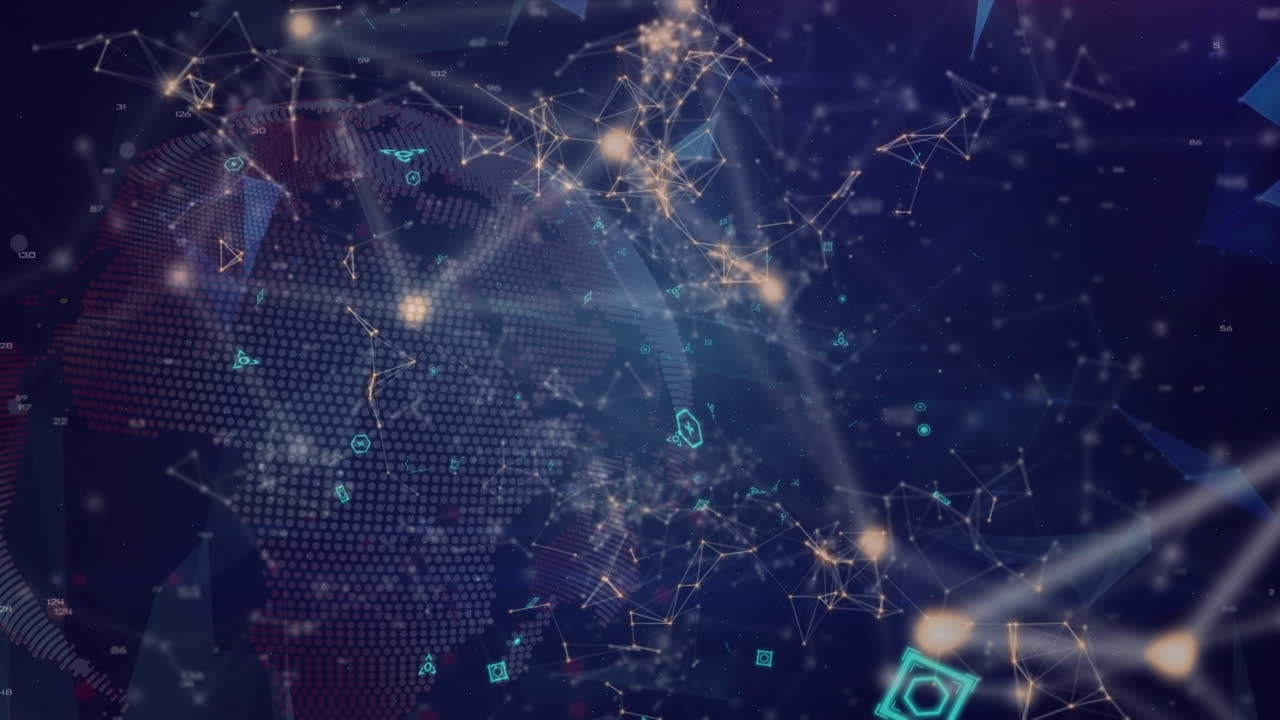 Animation of data processing and people icons on blue background