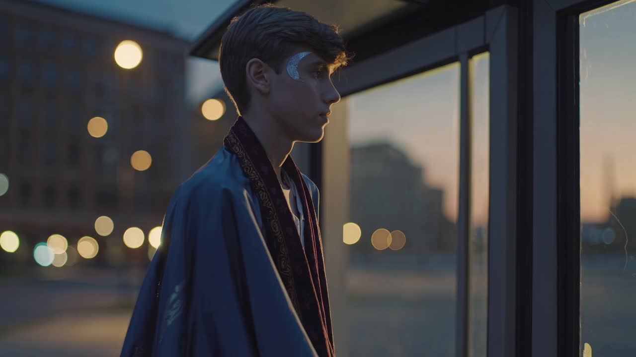 Young man with a cape and a crescent moon painted on his face is waiting at a bus stop at dusk, looking outside, with city lights blurred in the background