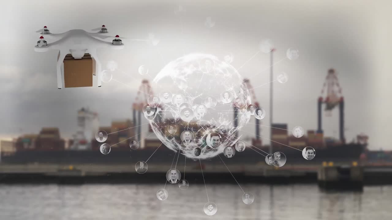 드론을 통한 연결 네트워크의 애니메이션과 조선소를 통한 패키지