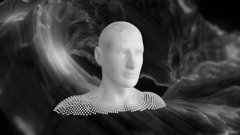 animation of human head formed with exploding particles over vortex on black background