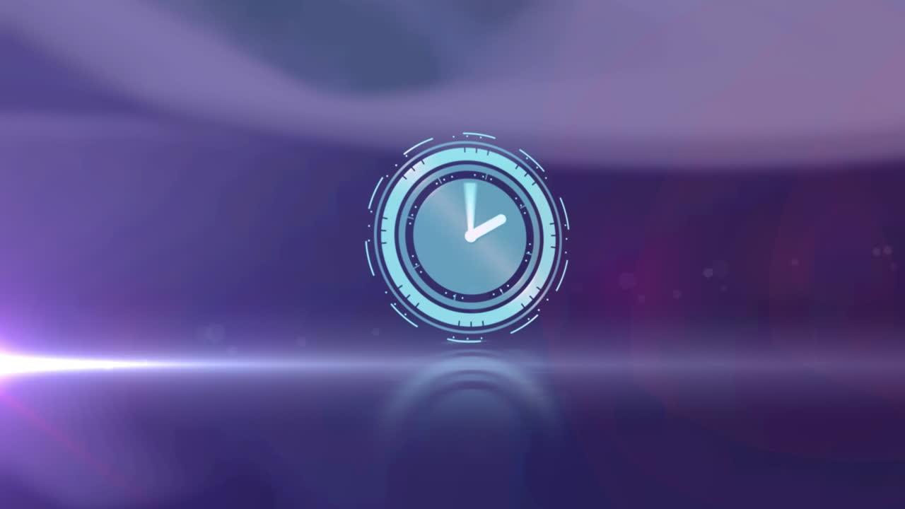 Animation of rotating safe lock with clock over light trail on blurred background