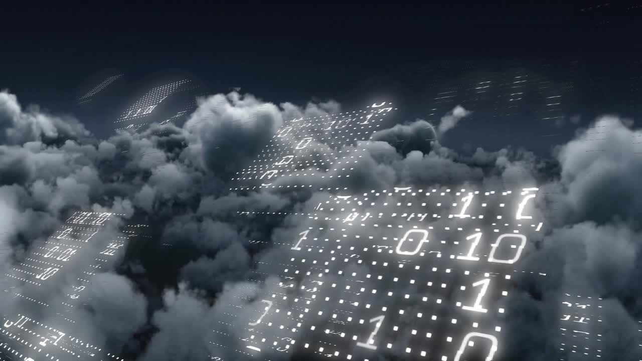 First illuminated panel drifting down triggers binary panels rotating in clouds showing live data