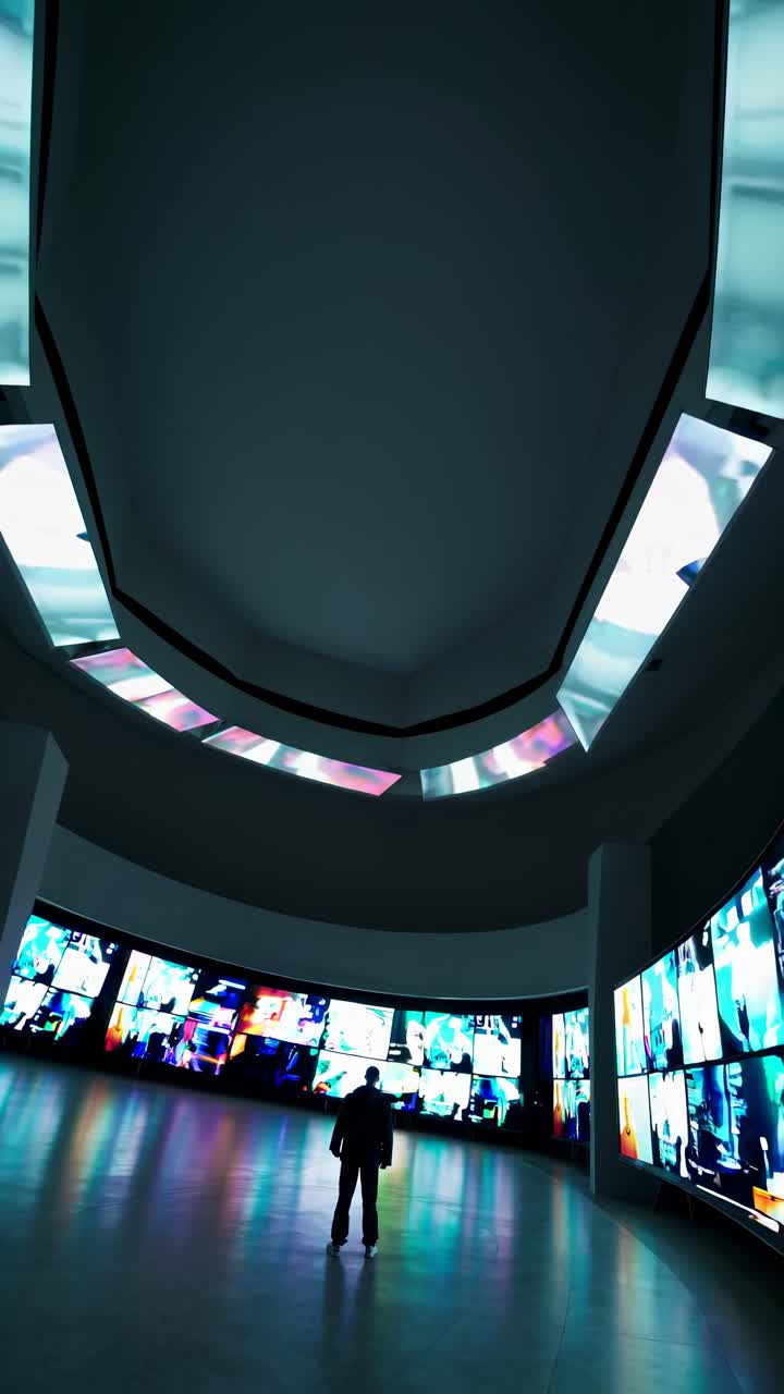 Silhouette of a person in a futuristic room with vibrant video screens
