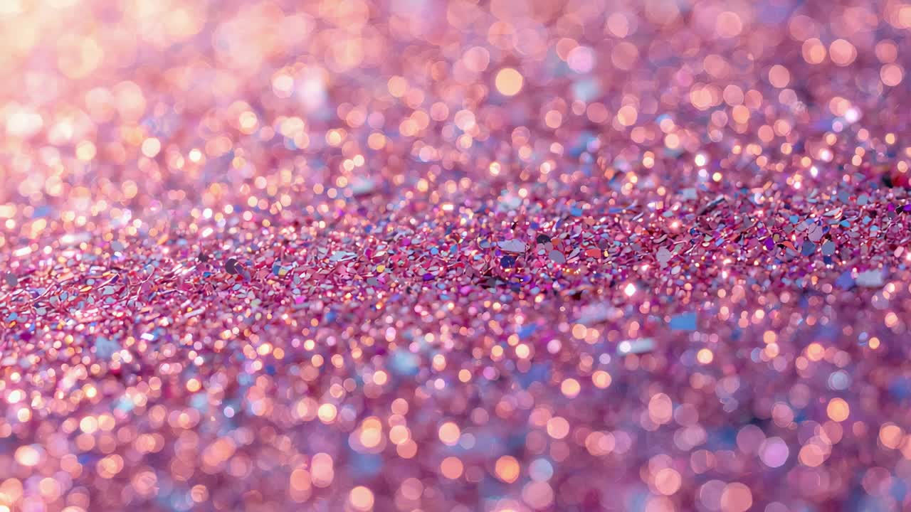 Pulling focus camera lens sharpening pink glitter midplane in studio macro for shimmer highlights