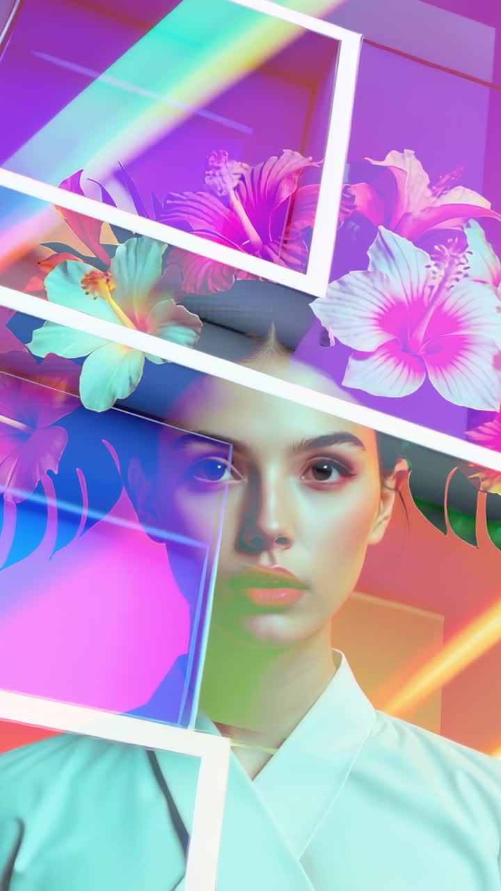 Vertical video: Opening frames revealing Asian model in studio with hibiscus and rainbow streaks