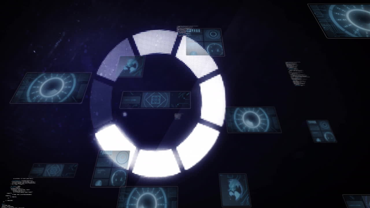 Rotating circle and data screens in dark environment, showcasing futuristic animation