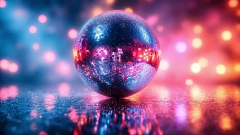 disco ball reflecting colorful lights. a sparkling disco ball rests on a reflective surface, casting vibrant colors in a lively atmosphere with soft lights.