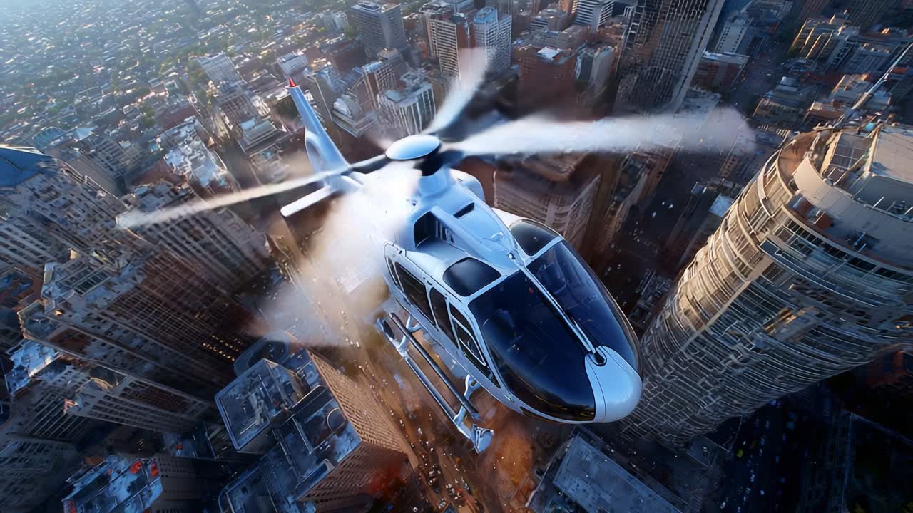 Aerial View of a Helicopter Flying Above a Cityscape, Capturing the Dynamic Urban Environment with Skyscrapers Below and the Rotors Blurring in Motion, Highlighting Aviation Technology