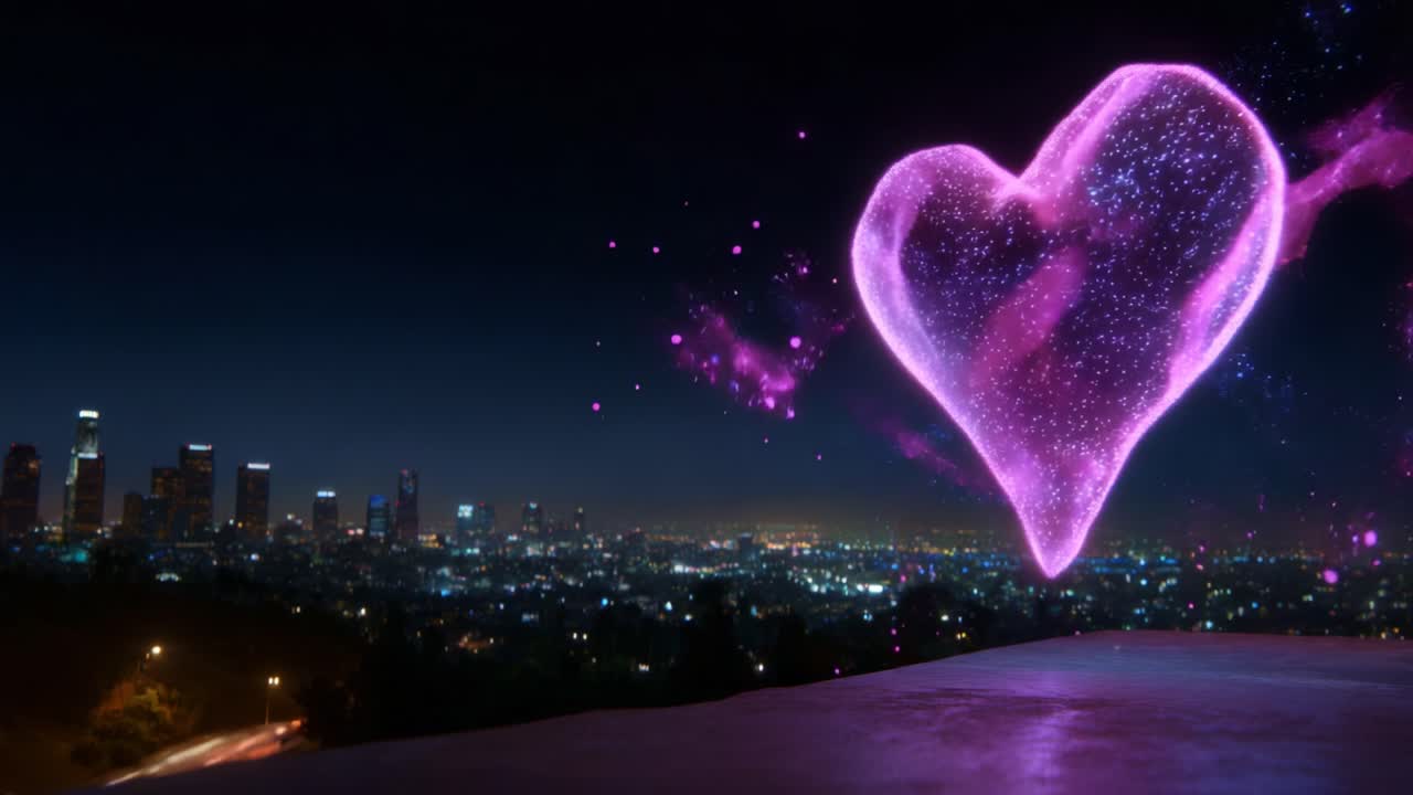 A stunning visual transformation showcasing a vibrant, cosmic heart in a breathtaking nighttime cityscape, blending elements of love and the universe against a backdrop of city lights and stars