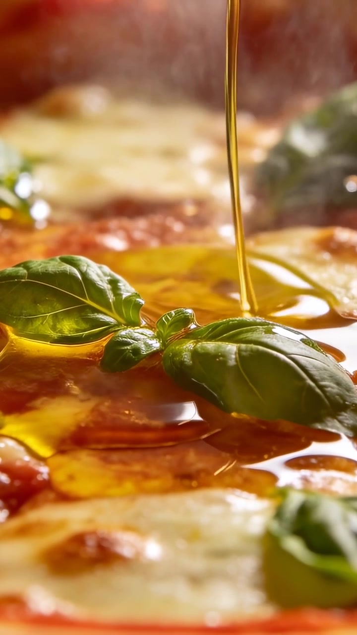 Video verticale: Sottile filo d'olio versato dall'alto su una pizza al basilico sul tavolo, creando formaggio lucido
