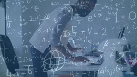 Animation of math formulas over afrcian american man in face mask cleaning desk in office