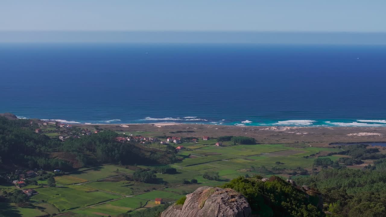 Ruta Penedos de Pasarela e Traba Viewpoint Overlooking Vimianzo And Laxe Town In A Coruna, Spain. Aerial Pullback Shot