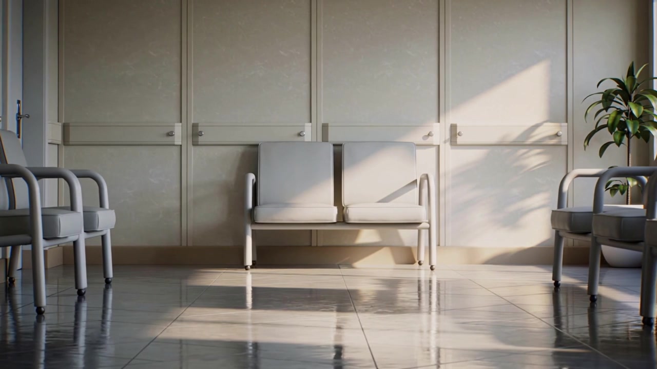 Panning camera revealing central two-seat bench at reception, capturing diagonal sunlight and plant