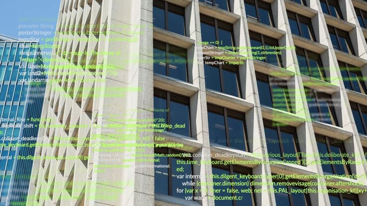 Animation of data processing over tall buildings against blue sky
