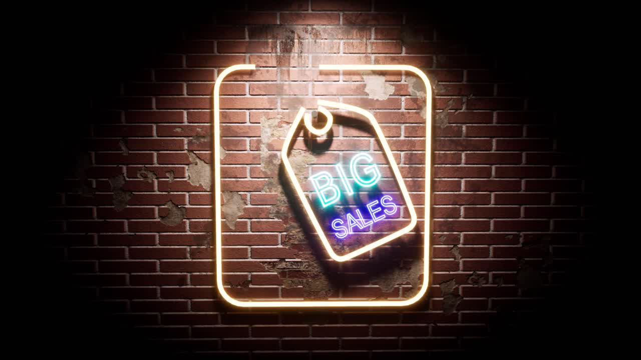 letrero de neón de grandes ventas, balanceándose frente a una pared de ladrillo, con grietas y suciedad por todas partes, y letras de neón que cambian de color, la cámara de animación 3d se acerca lentamente