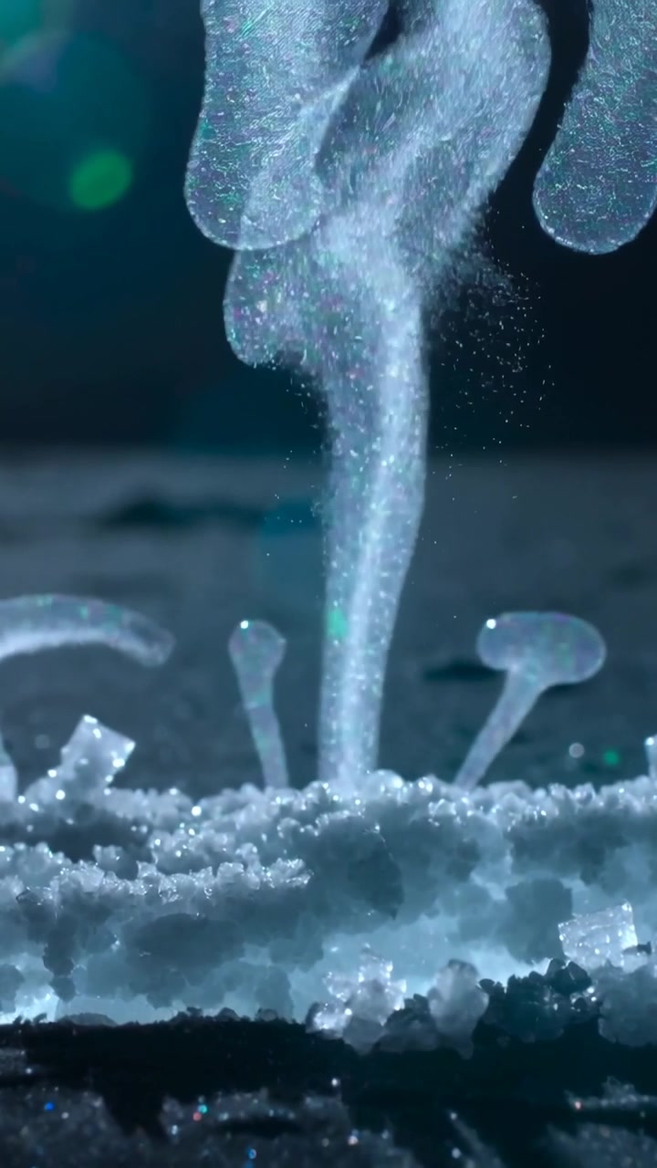 Video verticale: Bocciolo che si gonfia formando un chiaro pennacchio a fungo che sale e si sposta su cristalli di ghiaccio