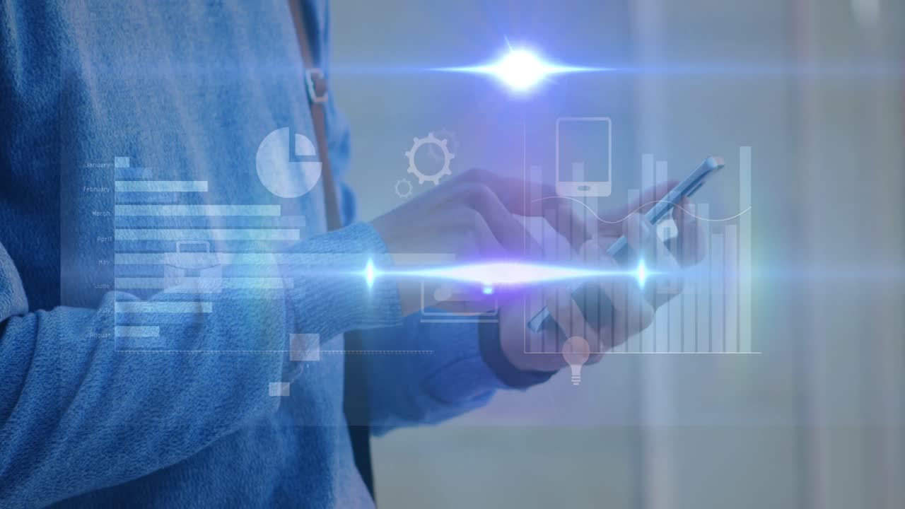 스마트 폰 을 사용하는 사람 의 중간 부분 위 에 그래프 와 컴퓨터 아이콘 을 가진 플레어 의 애니메이션