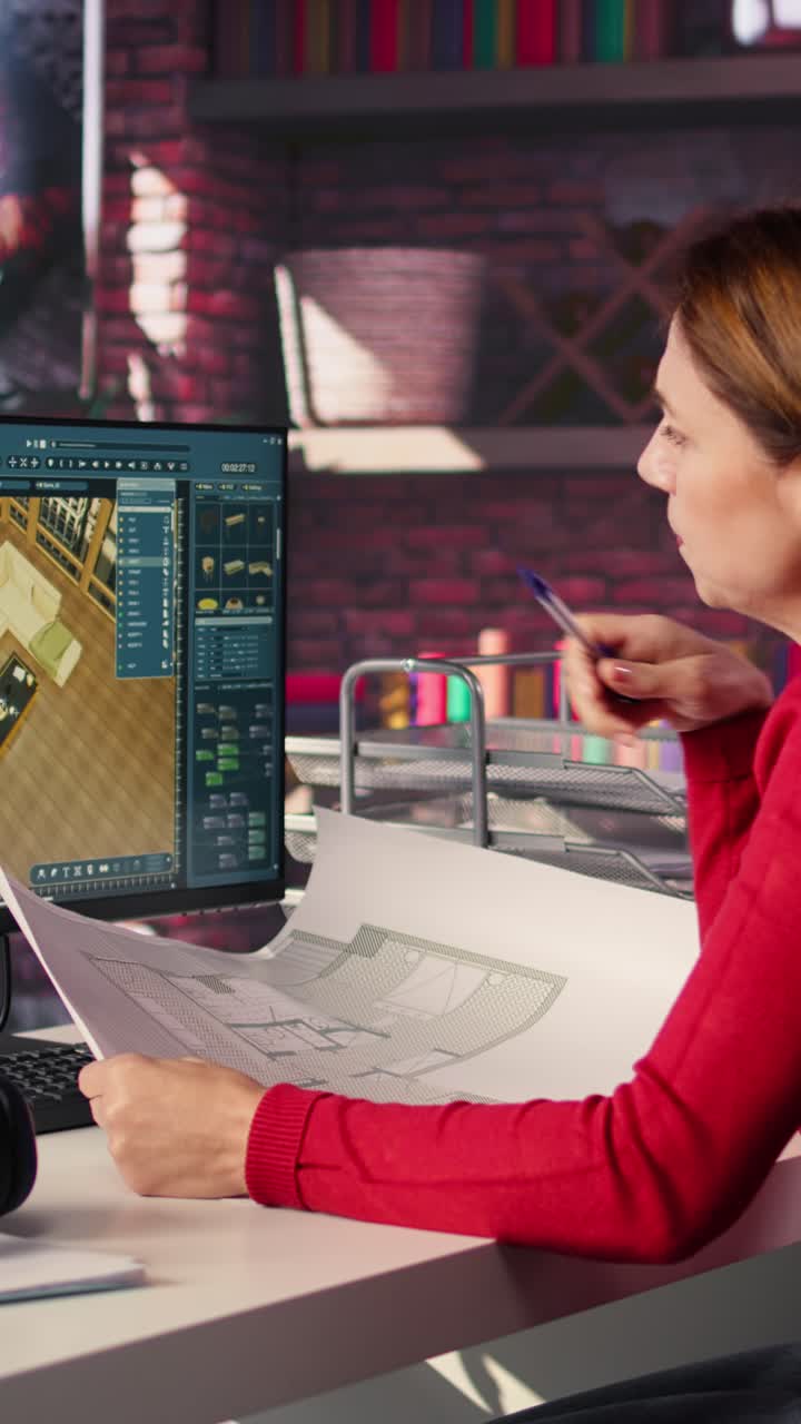 Vertical Video Remote worker in creative office uses CAD software and blueprints plan
