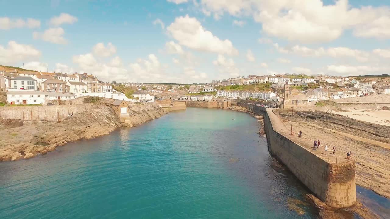An aerial shot of the harbour at Porthleven in Cornwall