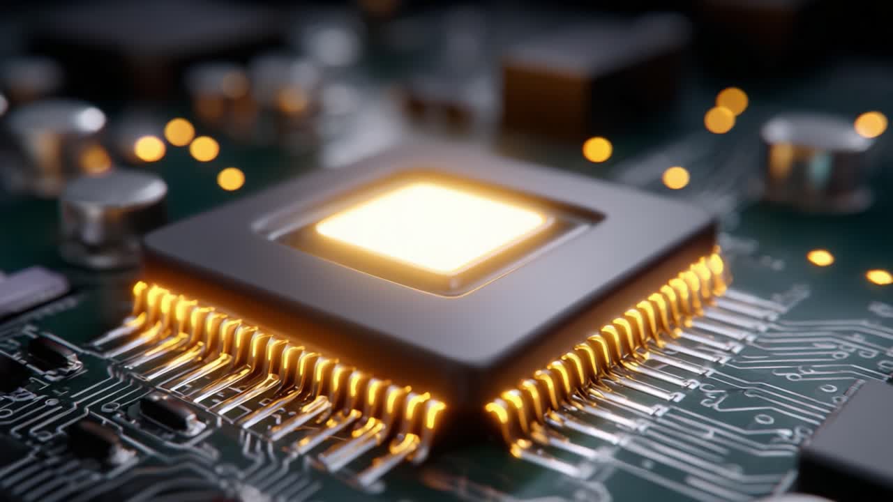 Close-up of a Modern Microprocessor Chip on a Circuit Board Displaying Its Intricate Design and Illuminated Features, Showcasing Advanced Technology in Electronics and Computing Systems