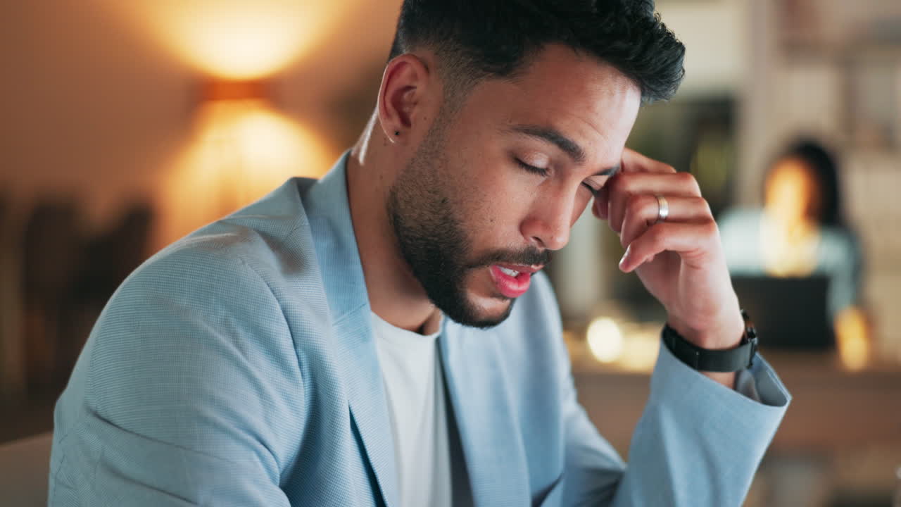 Night headache, stress and business man anxiety