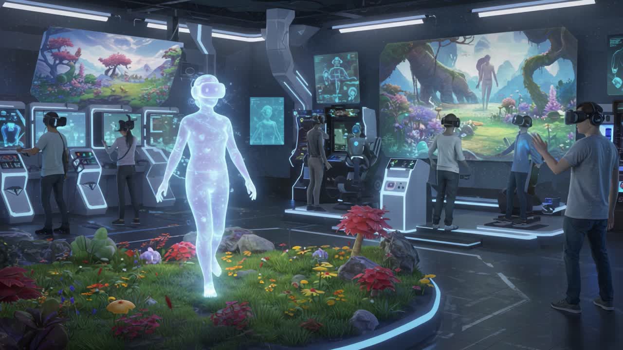 A Futuristic Virtual Reality Arcade Experience Showcasing Immersive Environments Filled with Lush Floral Landscapes and Interactive Technology
